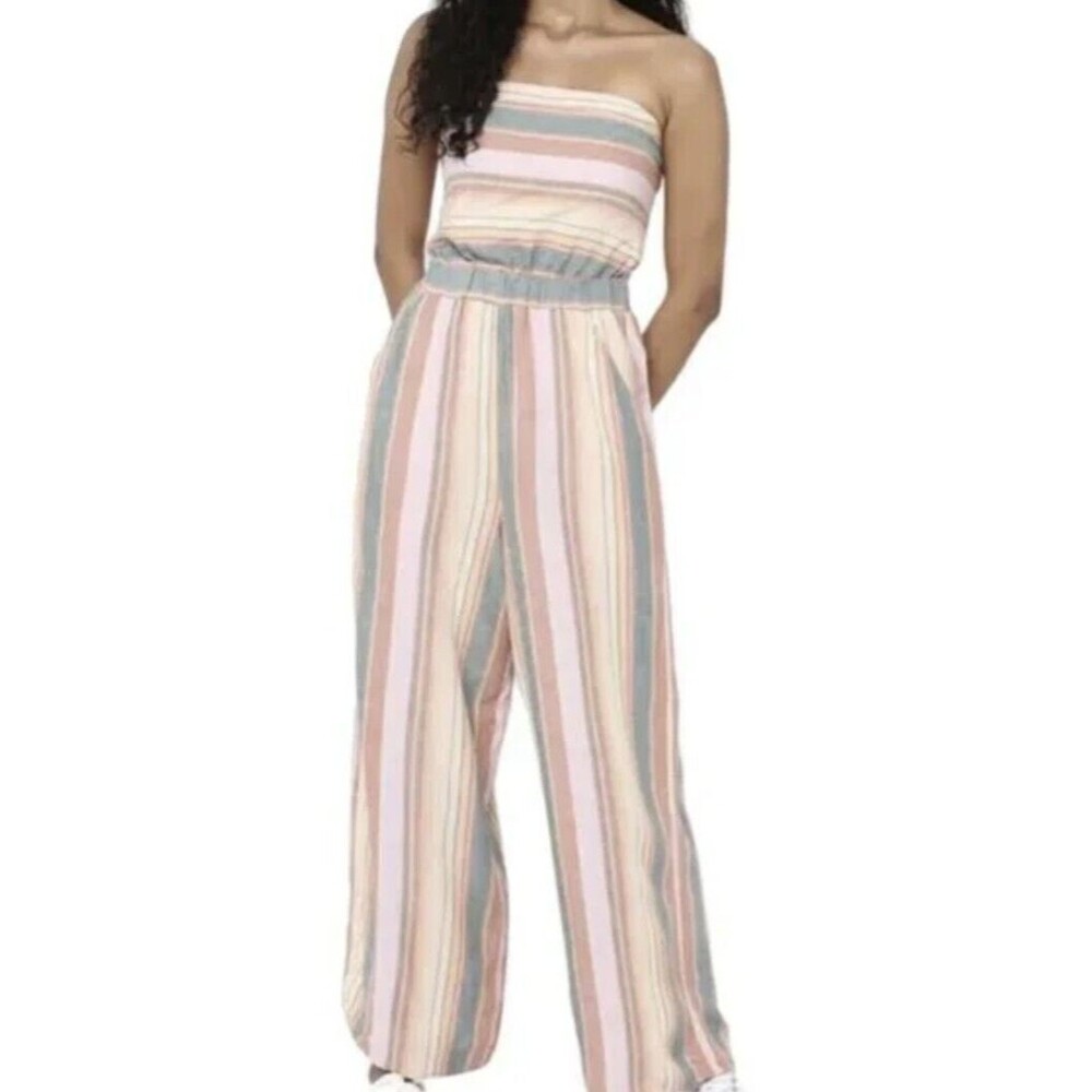 American Eagle Outfitters Strapless Pastel Striped Jumpsuit - Pink, Blue, Cream